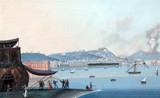 Neapolitan School Views of the bay of Naples with Vesuvius in the distance, 9.75 x 16in.